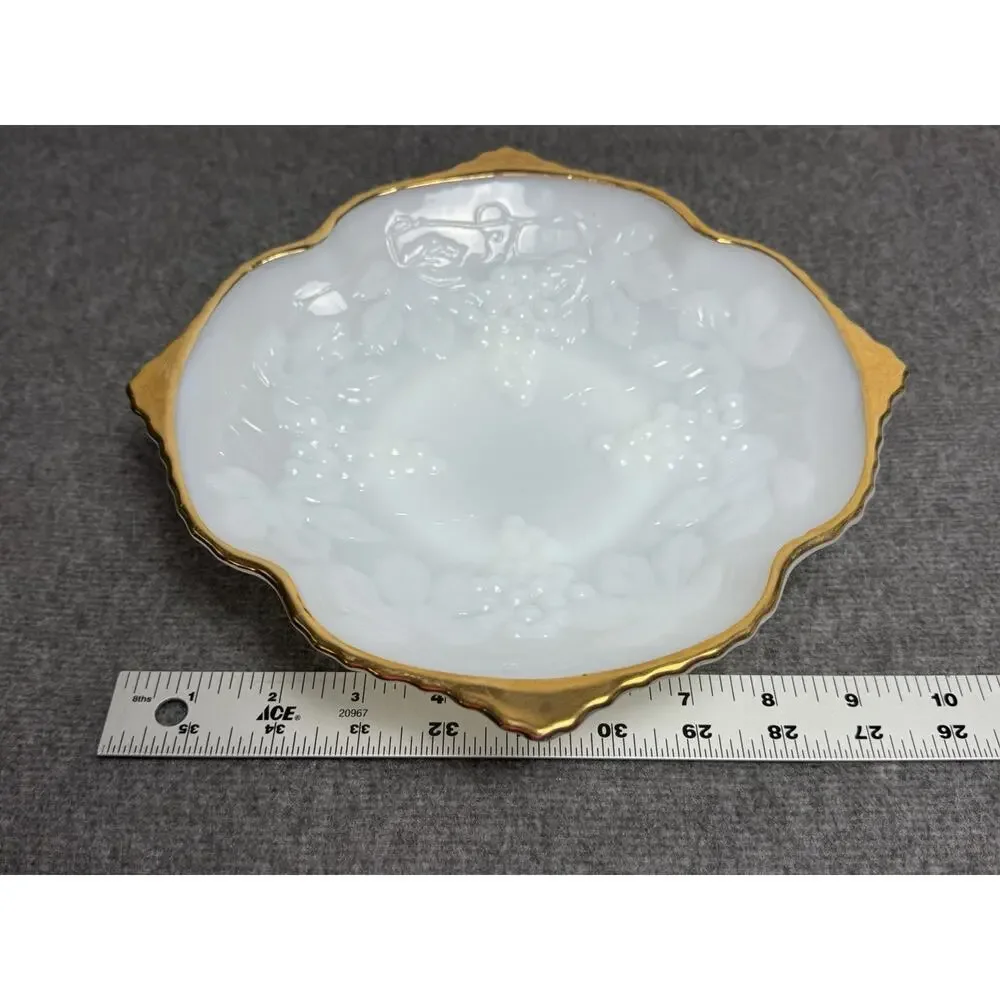 Anchor Hocking White Milk Glass Dish Bowl Embossed Grapes w/Gold Trim - See Chip